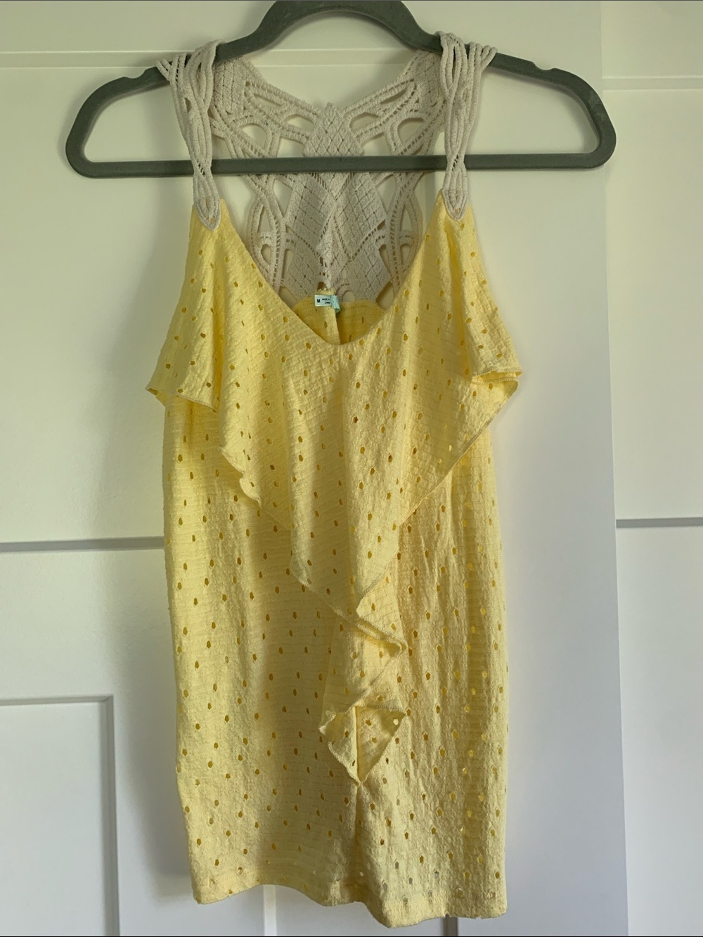 {Maurices} Yellow Crochet-Back Ruffle Tank